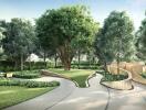 Lush green landscaping with walking paths in a residential community area