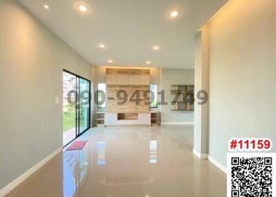 Spacious and bright empty room with glossy floor tiles and modern lighting