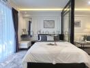 Cozy and stylish modern bedroom with integrated seating area