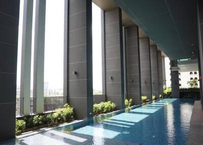 Modern building with outdoor swimming pool and architectural columns