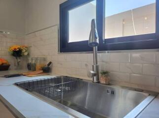 Modern kitchen with stainless steel sink and sunlight