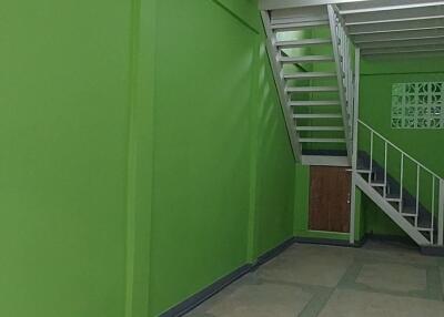 Interior view of a building stairway with green walls