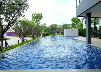 Swimming pool area adjacent to a modern house