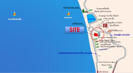 Illustrated map showing the location of a property site relative to nearby attractions and roads