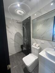 Modern bathroom with walk-in shower and elegant fixtures