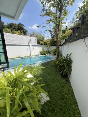 Cozy backyard with a swimming pool and lush greenery