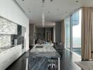 Modern kitchen with marble countertop and floor-to-ceiling windows