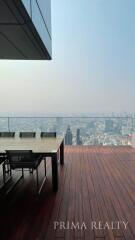 Spacious balcony with outdoor dining set and panoramic city view