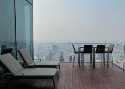 Modern balcony with wooden flooring and city view