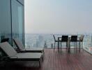 Modern balcony with wooden flooring and city view