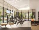 Modern building lobby with bicycles and seating area