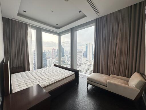 Spacious bedroom with city view and modern furniture