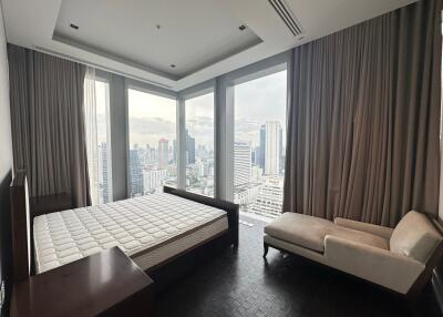 Spacious bedroom with city view and modern furniture