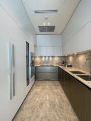 Modern kitchen with stainless steel appliances and marble flooring