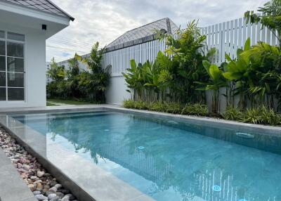 Swimming pool and backyard area of a residential property