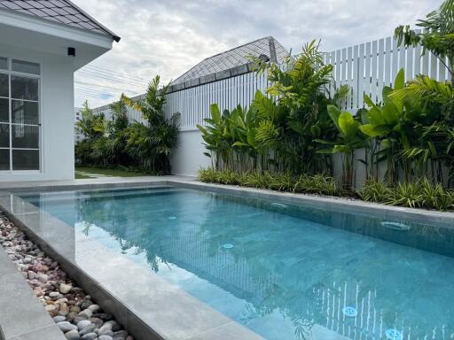 Swimming pool and backyard area of a residential property
