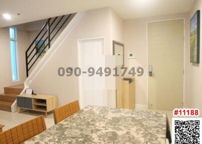 Bright and modern entrance space with staircase and stylish rug