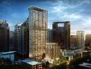 Modern high-rise residential building in an urban skyline at dusk