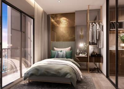 Modern bedroom with open wardrobe and city view