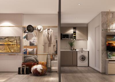 Modern apartment interior view showcasing a bedroom, living area, and kitchen