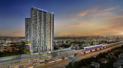 Tall modern residential skyscraper at dusk with illuminated windows overlooking a cityscape