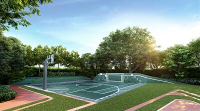 Modern basketball court with surrounding greenery and leisure spaces