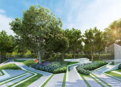 Modern landscaped garden with recreational facilities