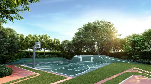 Modern outdoor basketball court with surrounding greenery