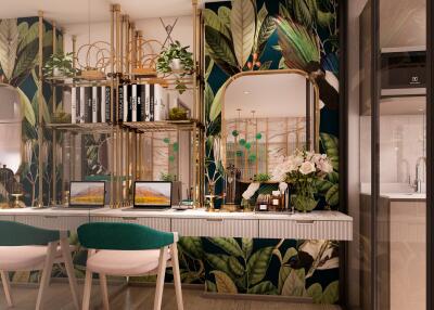 Modern dining area with tropical wallpaper and elegant furnishings