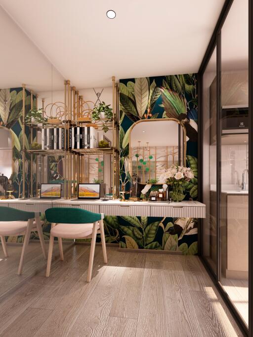 Modern dining area with tropical wallpaper and elegant furnishings