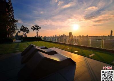 Sunset view from rooftop garden with seating