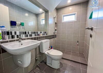 Modern bathroom interior with tiled walls and flooring