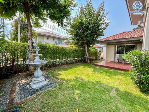 Cozy backyard with a fountain and patio area