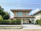 Suburban single-family house with fenced yard and clear blue sky