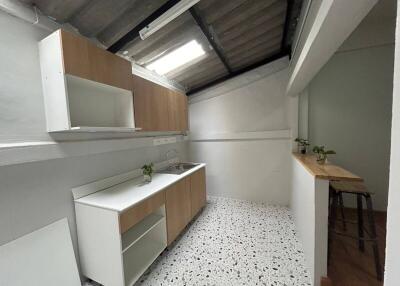 Modern kitchen with skylight and terrazzo flooring