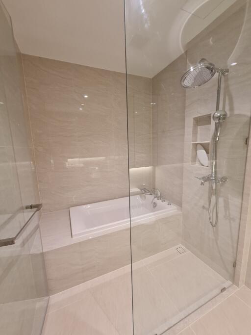 Modern bathroom with walk-in shower and bathtub