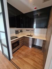 Modern kitchen with dark cabinetry and built-in appliances