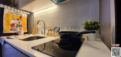 Modern kitchen with induction stove and stylish backsplash