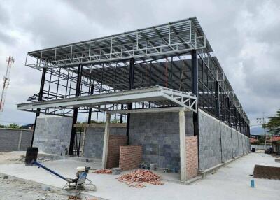 Unfinished construction of a commercial building with visible steel framework