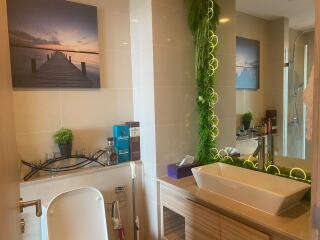 Well-equipped bathroom with modern amenities and decorative plants