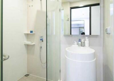 Modern bathroom with glass shower and white basin