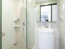 Modern bathroom with glass shower and white basin