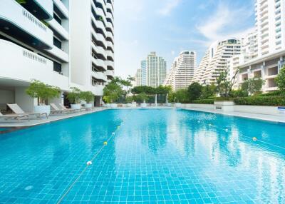 Outdoor swimming pool area in a modern residential complex