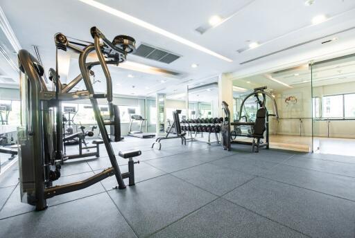 Spacious gym with modern equipment and mirrored walls