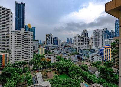 Panoramic cityscape view from a high-rise apartment balcony