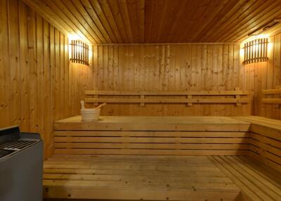 Spacious wooden sauna with tiered bench seating