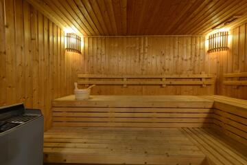 Spacious wooden sauna with tiered bench seating