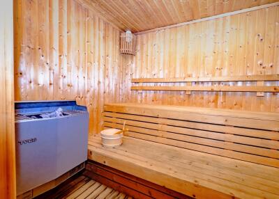 Cozy wooden sauna room with benches and heater
