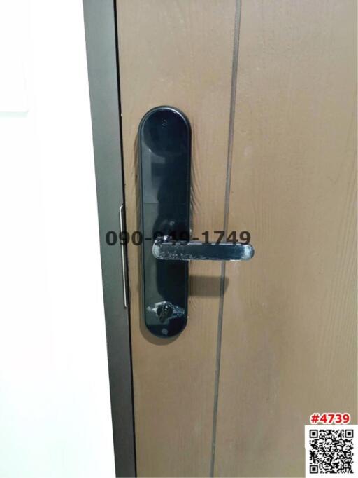 Close-up of a modern door handle on a wooden door