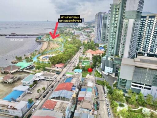 Aerial view of coastal urban area with buildings and green space